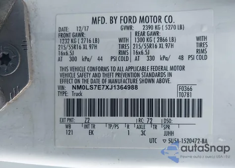 2018 Ford Transit Connect Xl z USA, uszkodzony, nr VIN NM0LS7E7XJ1364988